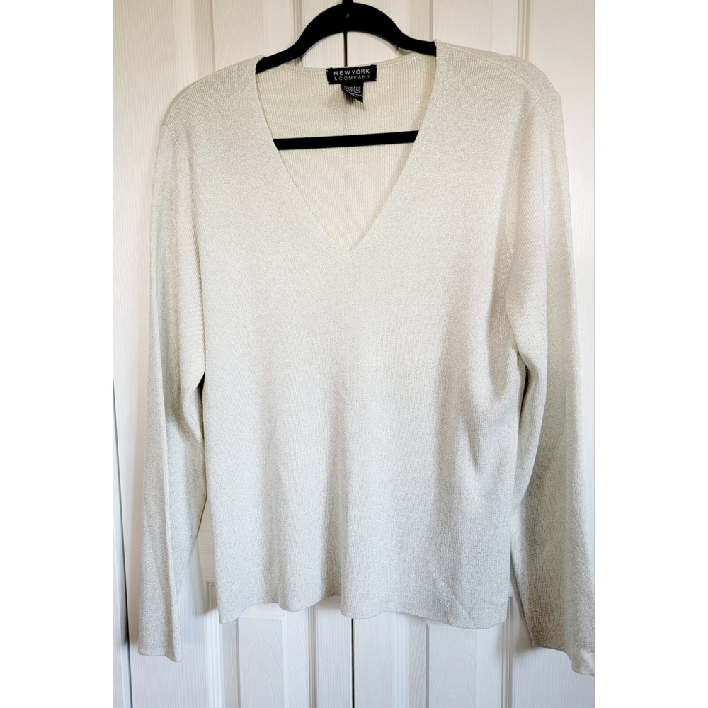 New York & Company XL Women's Sweater Top Cream Silver Sparkle‎ Metallic NEW